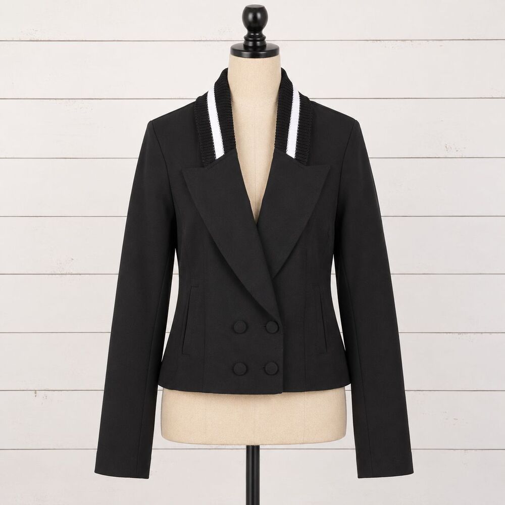 cabi Black Cropped Long Sleeve Jacket SZ 8 Black Tie Double Breasted Snap Front
